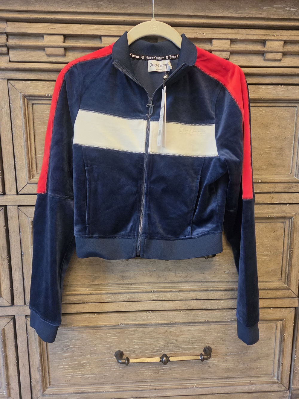 Juicy Couture Navy Velour  Jacket with Red Sleeves and Cream Chest Stripe